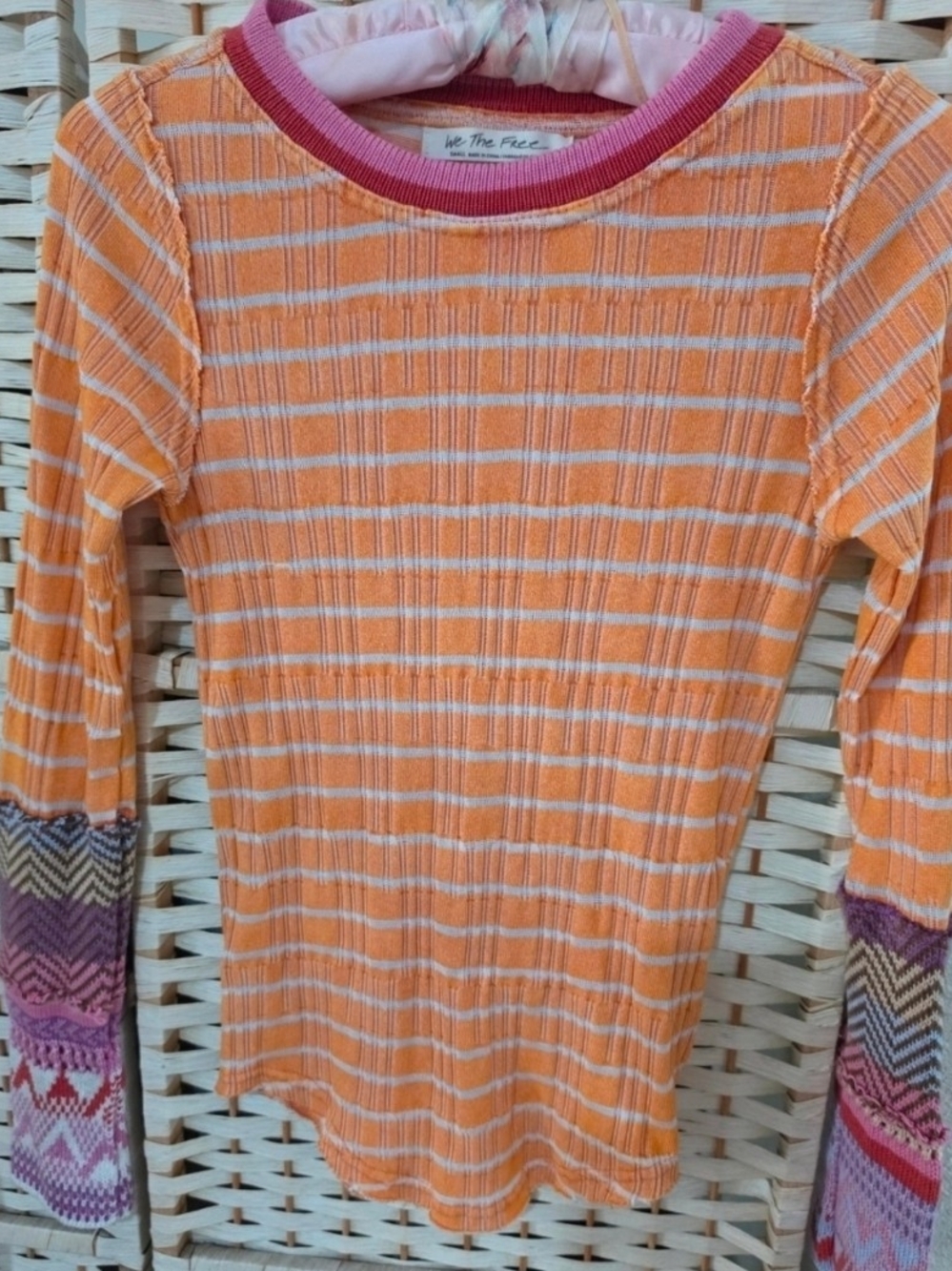 Free People Orange Striped Ribbed Long Sleeve Top with Pink Trim